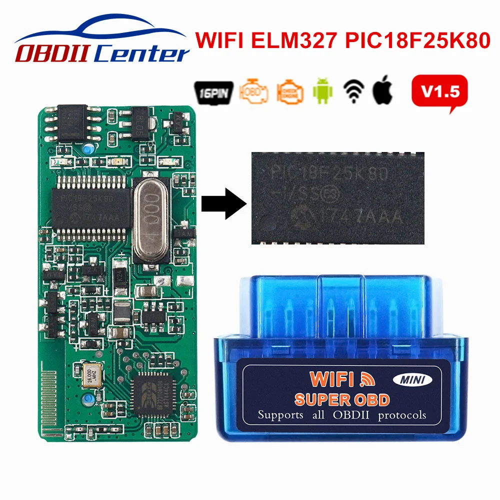 Super Mini Elm327 Wifi V1.5 Pic18f25k80 Obdii Diagnostic Scanner Wi Fi Elm 327 IOS Andorid PC Obd2 1.5 Code Reader 25k80 Chip