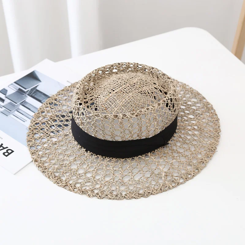 2021 New Flat top Raffia Ribbon straw hat Summer women\'s caps pearl beach sun hats Solid color Broken edge fashion Solid color