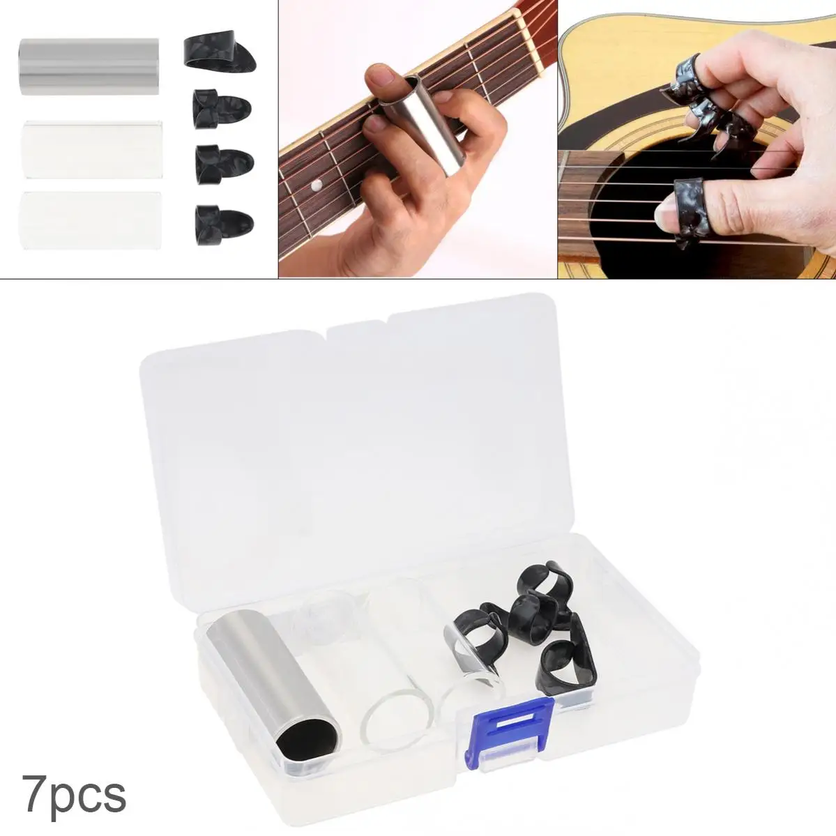 

7pcs/lot Electric Bass Guitar Slide Picks Kit Stainless Steel Slides Thumb Finger Celluloid with Box