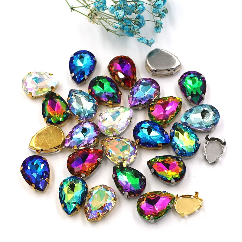 HFOUR 10x14mm/13x18mm Teardrop Shape Glass Crystal Sliver Claw Setting Ab Rhinestones Sew On Garment/Bags/Shoes