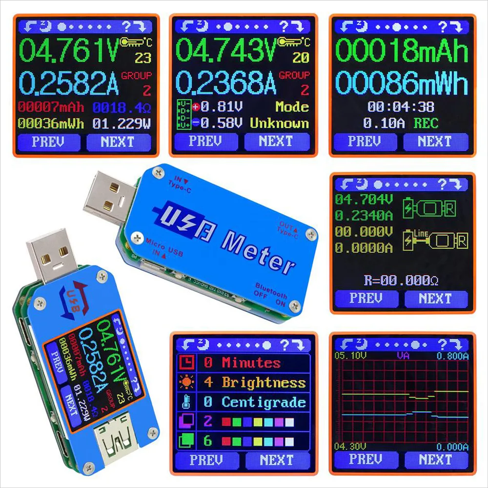 UM24/UM24C UM25/UM25C UM34/UM34C Type-C USB Voltmeter Ammeter Resistance Meter Charging Voltage Current Tester LCD Color Display