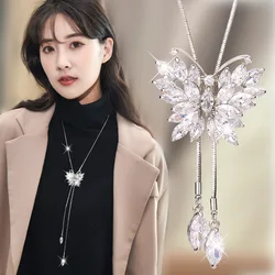 Fashion Crystal Butterfly Swan Snowflake Pendant Long Tassel Necklace Women Sweater Snake Chain New Jewelry