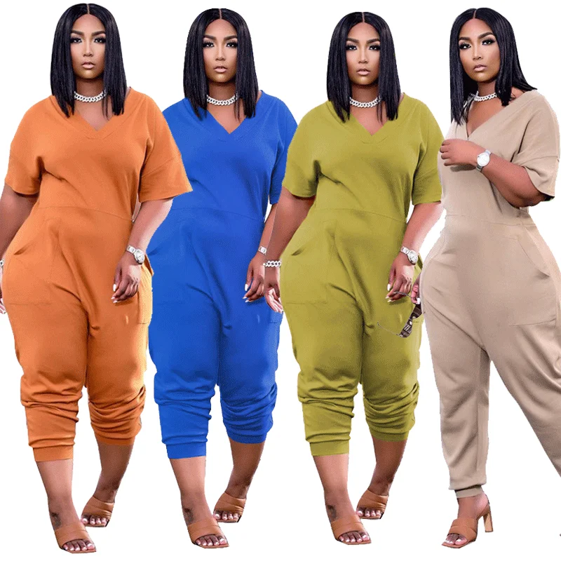 

Plus Size S-5xl Jumpsuit Women Overalls One Piece Outfits V Neck Short Sleeves Summer Casual Streetwear Wholesale Dropshipping