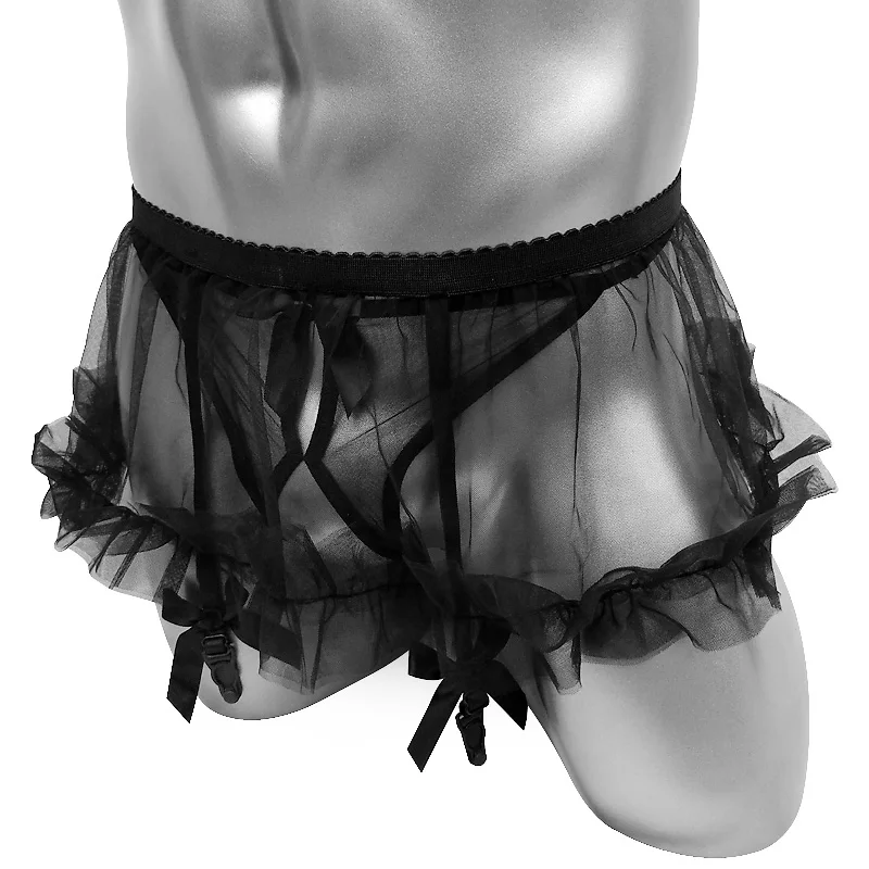 Ruffles Mini Skirts for Mens With Thong Underwear Lingerie Sexy Sets G String Crotchless Black See Through Crossdress Panties