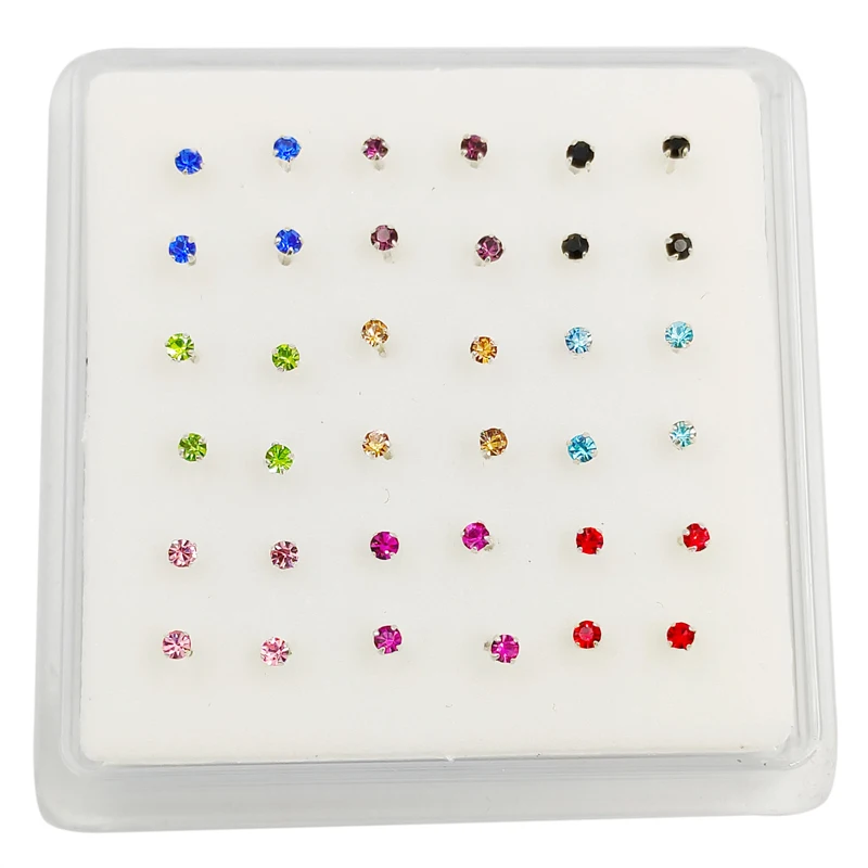 36pcs/pack 925 Sterling Silver Mix-color 2mm Crystal Nose Stud Piercing Nose Pin bone Jewelry