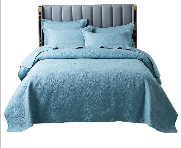 

Blue Color Cotton Embroidery Luxury American Bedcover 3pcs set Double Bed Summer Cool Bedspread coverlet Mattress Quilted Quitls