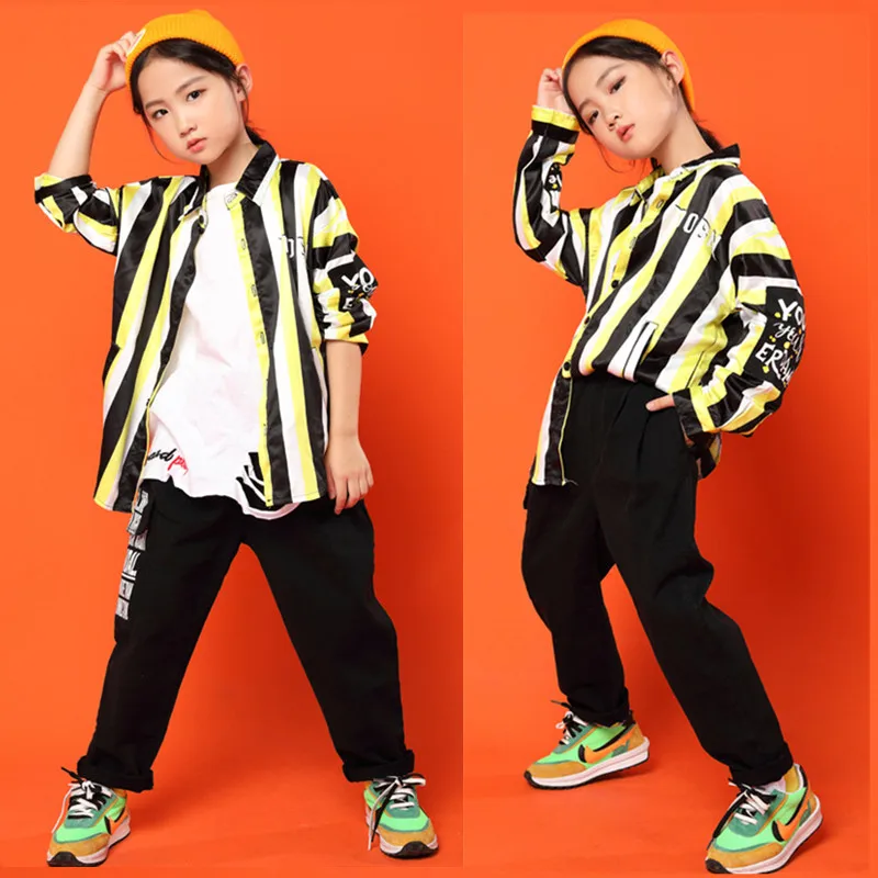 Children Cool Striped Lapel Shirt Tops Black Running Casual Hip Hop Pants Clothing for Girls Boy Jazz Dance Costume Clothes Wear