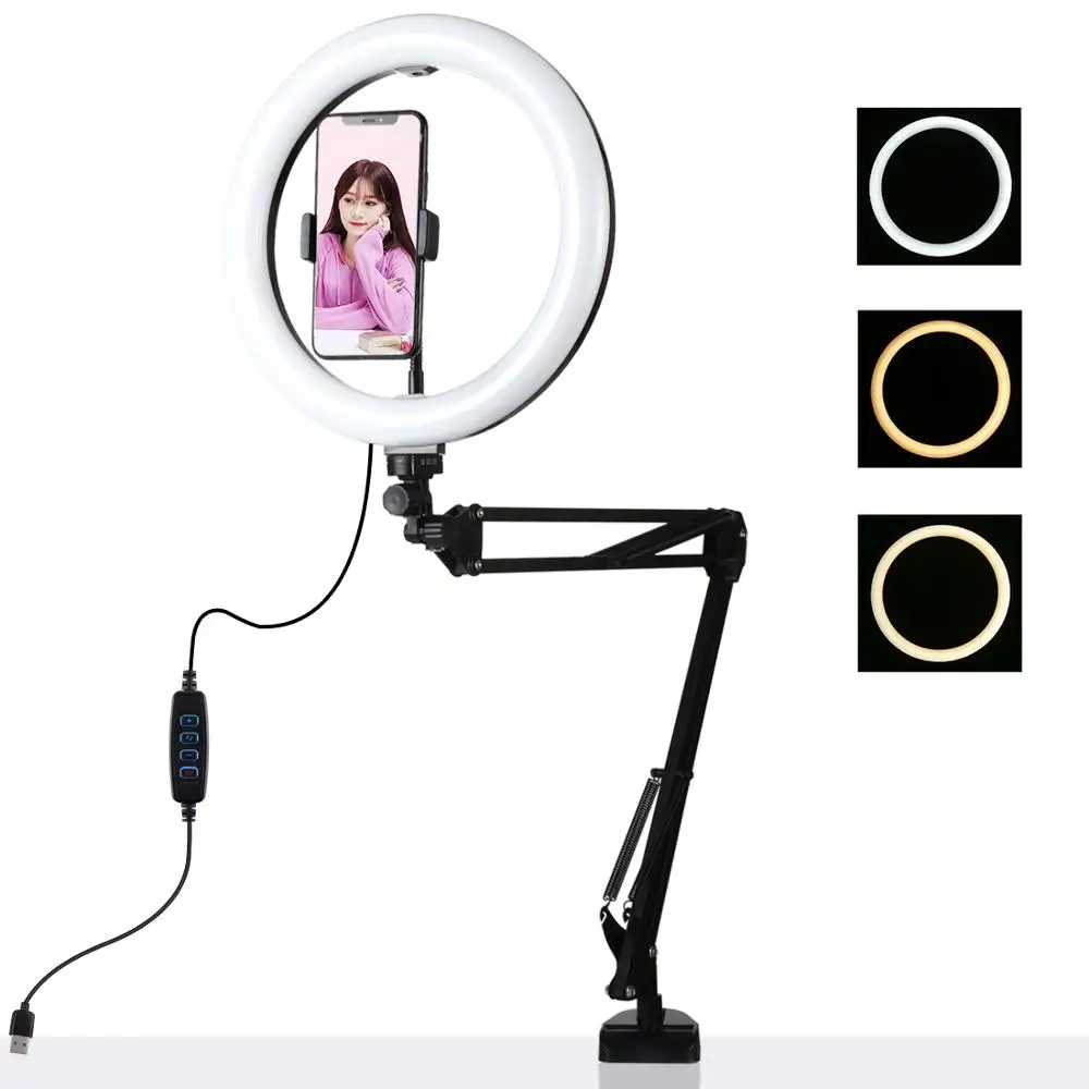 Desktop Metal Foldable Mount Holder Lazy Bracket Stands Tripod with LED Ring Flash Light Lamp for Live BloggeR Video Recording