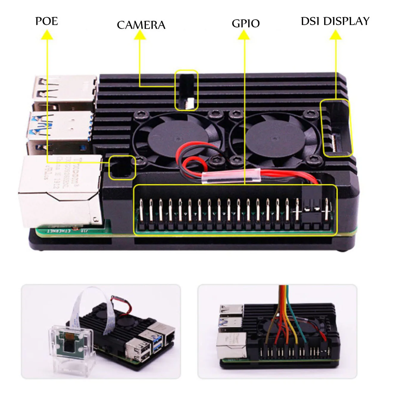 Raspberry Pi 4 Modell B Metall-Aluminiumgehäuse mit Dual-Lüfter-Kit, Lüfter + Kühlkörper-Set für Raspberry Pi 4, 4B, mehrfarbig