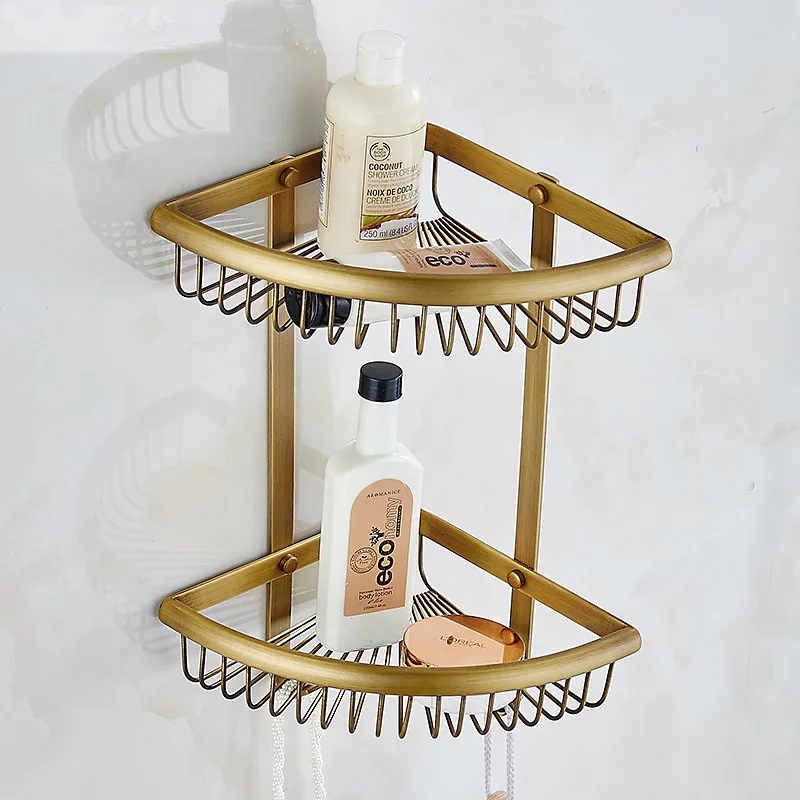 Copper Bathroom Shelf Antique Brass Bath Shower Shelf Bath Shampoo Holder Basket Holder Corner Shelf Wall Mounted 1-2 Tier