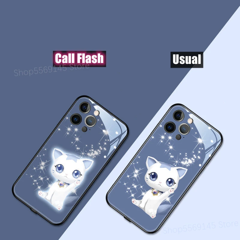 Lovely Bling Alien Cat Kitten Bling Coque Capa For iPhone 11 12 Mini Pro 7 8 Plus XS MAX X XR LED Flash Call Light Phone Case