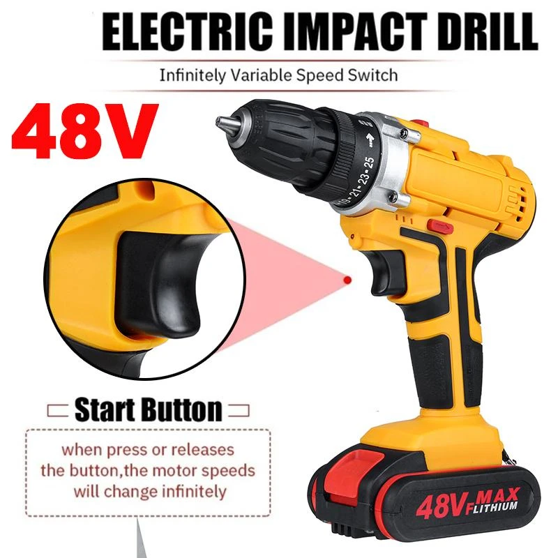 48V 1500W Electric Drill Rechargeable Cordless LED Light Multifunctional Household Electric Wrench Power Adapter + Battery EU