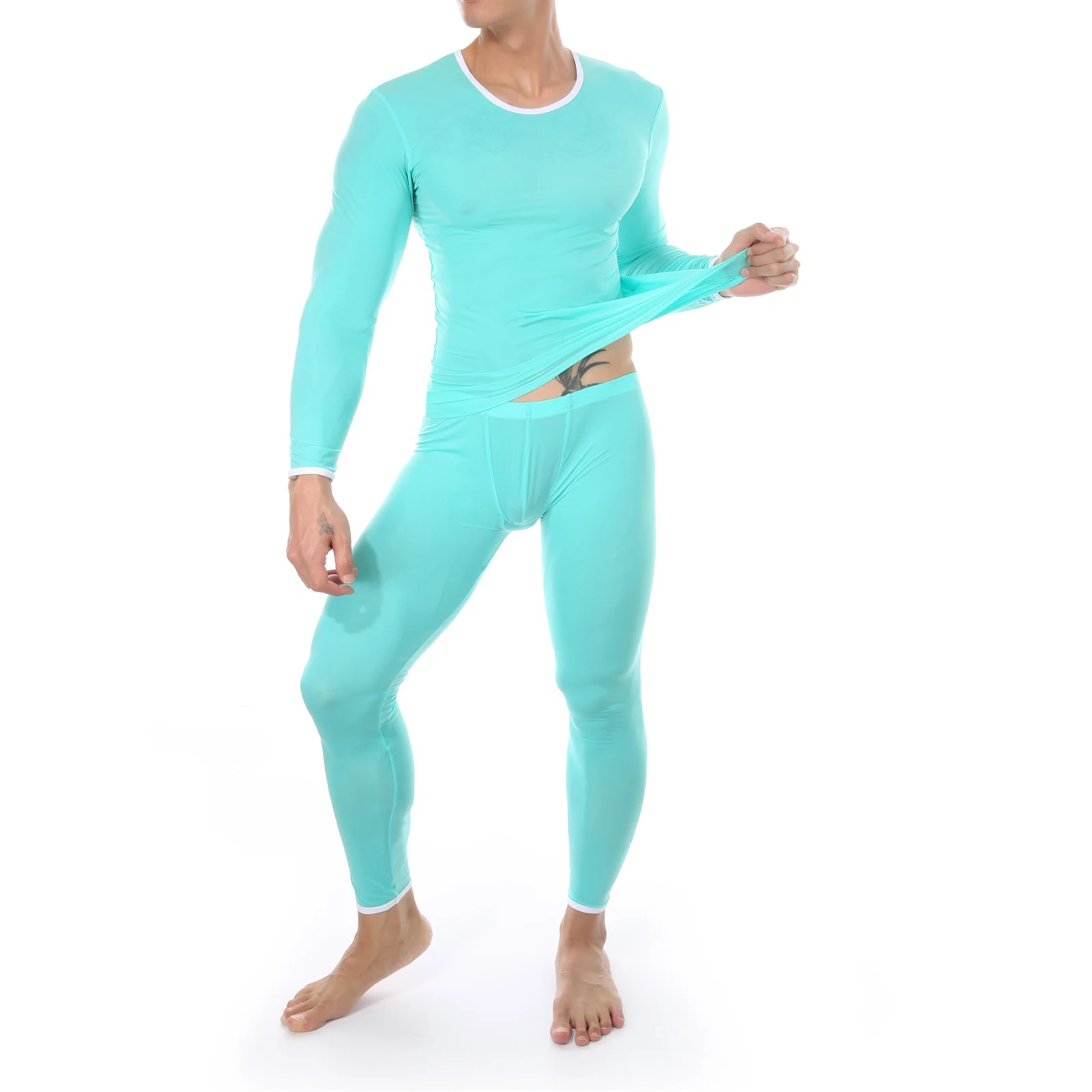 CLEVER-MENMODE Sexy Male Long Johns Men\'s Thermal Underwear Sleepwear Ice Silk Lounge Tight Long Sleeve Undershirt Trousers Set