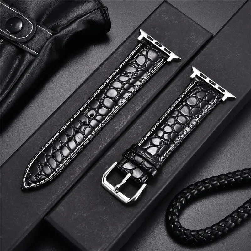 Simulation Crocodile Pattern Watch Straps For Apple Watch 6 5 4 3 SE Leather Men Watchbands 44mm 42mm 40mm 38mm For Iwatch