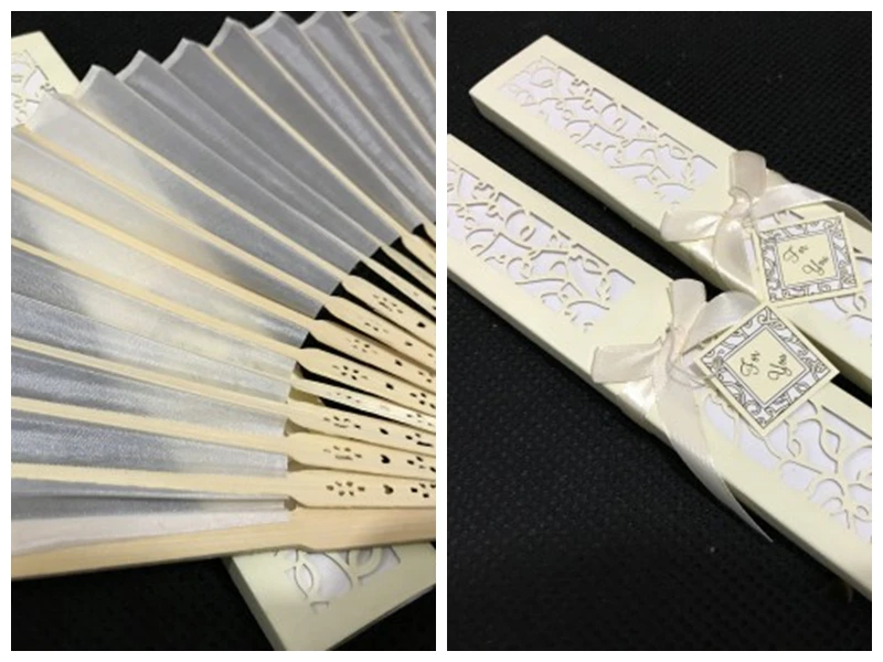 

(25 Pieces/Lot) Bridal Party Favors Luxurious Silk Fold hand Fan in Laser Cut Gift Box For wedding Gifts to guests