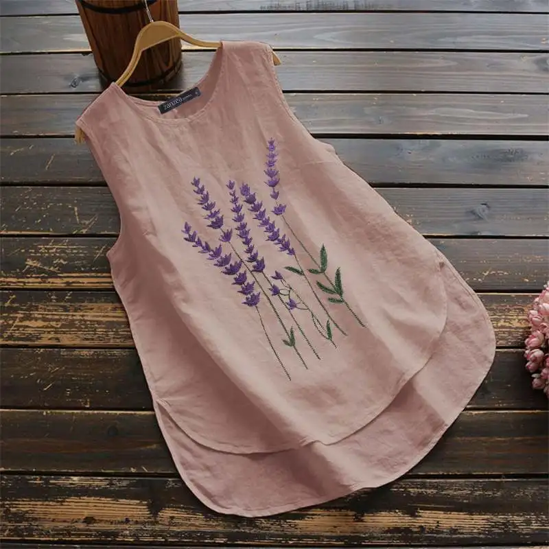 Women\'s Embroidery Tops 2023 ZANZEA Stylish Summer Tank Blouse Casual Sleeveless Floral Blusas Female Asymmetrical Tunic