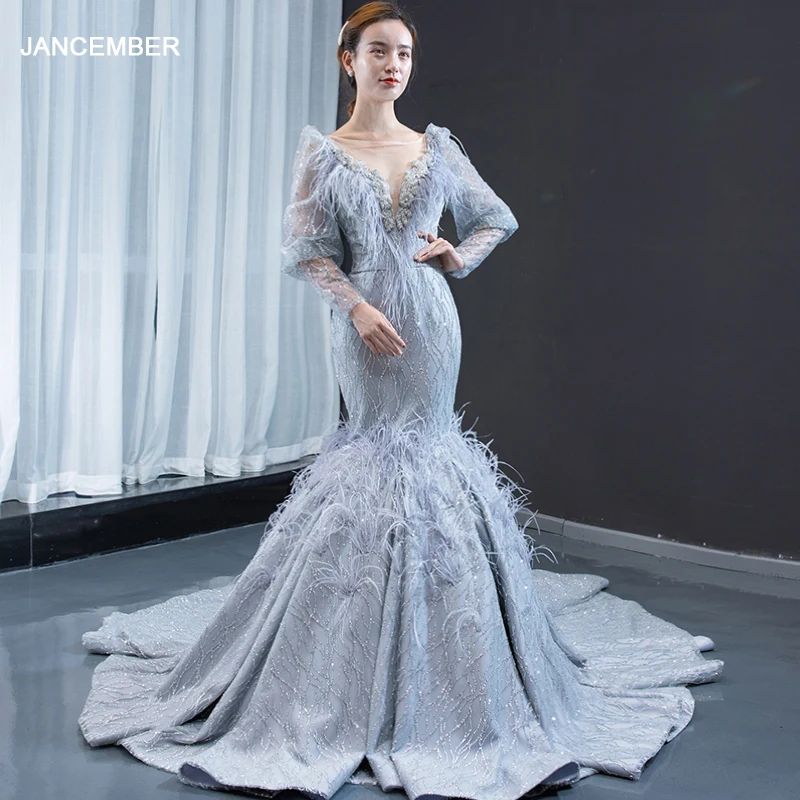 

J66952 jancember mermaid dress long sleeve with gray o neck court train lace feather evening dress 2020 vestidos lungo renda