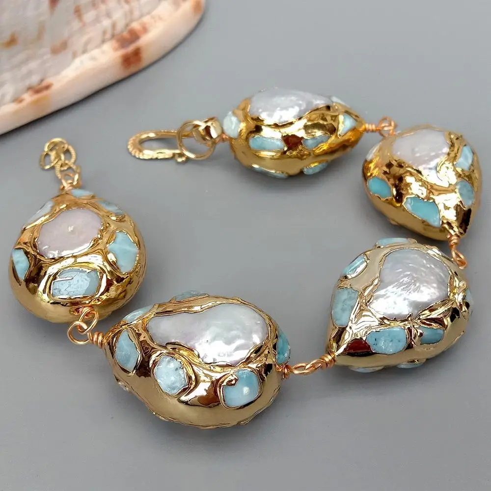 KKGEM Natural  22x28mm Blue larimar Chips Teardrop White Coin Freshwater Pearl Pave Gold Color Plated  Wrap Bracelet  9\