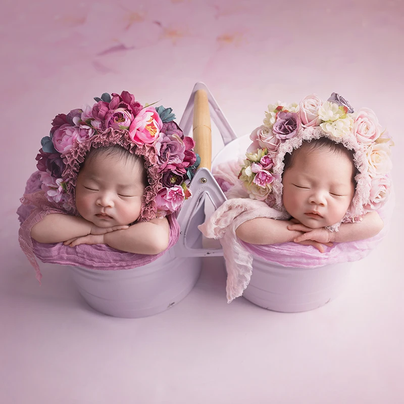 Newborn Photography Props Iron Floral Bucket Twins Boys Girls Photo Shoot Studio Posing Flower Basket Photography Props Gift