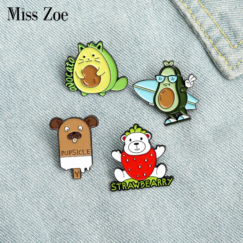 Fruit Enamel Pin Custom Dog popsicle Avocado Cat Bearberry Brooches Bag Lapel Pin Cartoon Badge Jewelry Gift for Kids Friends