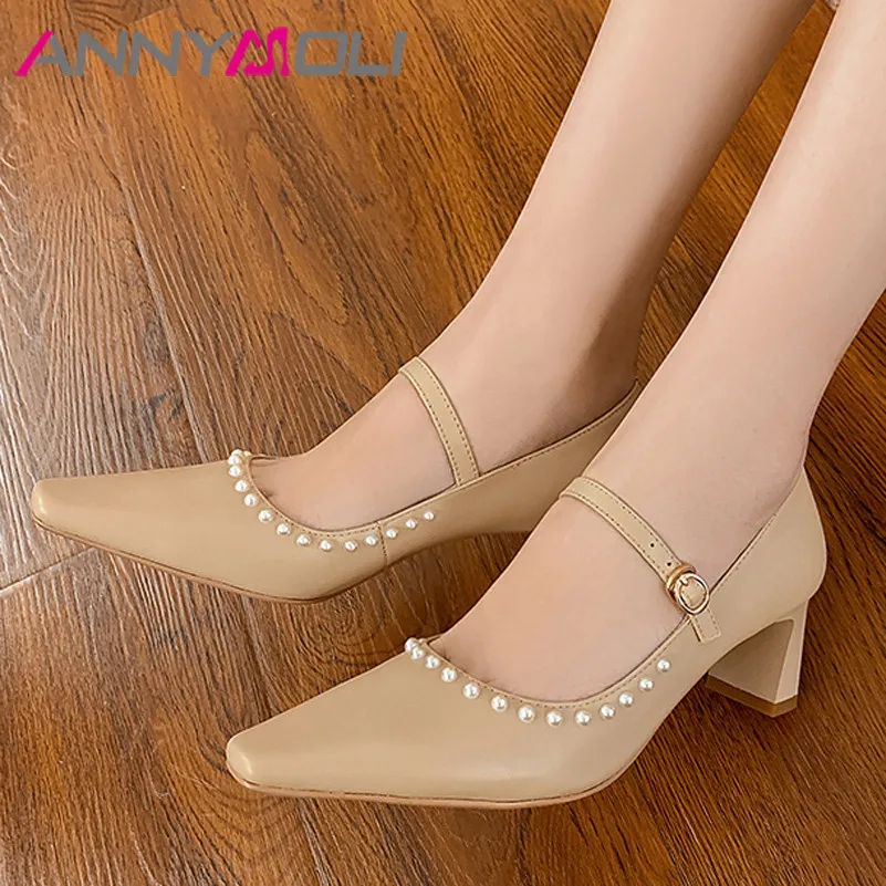 

ANNYMOLI Real Leather Mary Janes Shoes Women High Heels Buckle Chunky Heel Pumps Pearl Square Toe Female Footwear Beige Size 43