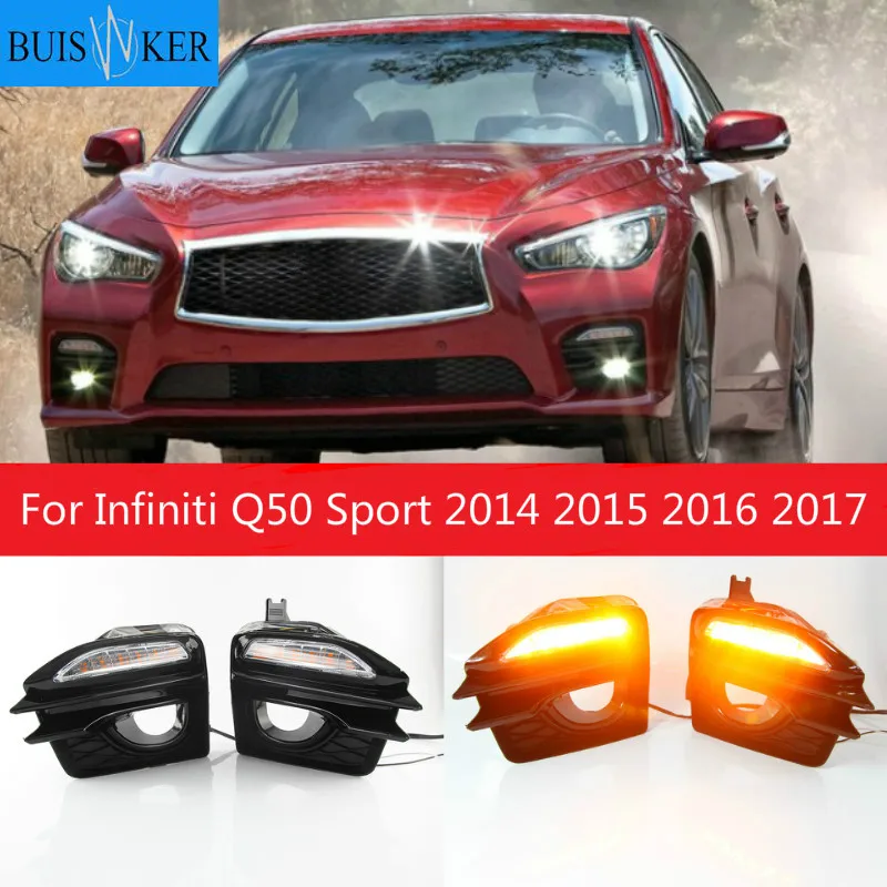 

Car Front Fog Lights Grille Cover + LED Daytime Running Light Lamp For Infiniti Q50 Sport 2014 2015 2016 2017 Signal day lights