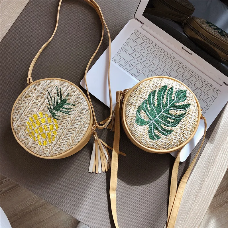 Woven Rattan Bag Round Straw Shoulder Bag Small Beach HandBags Women Pineapple Design Summer Handmade Messenger Crossbody Bags