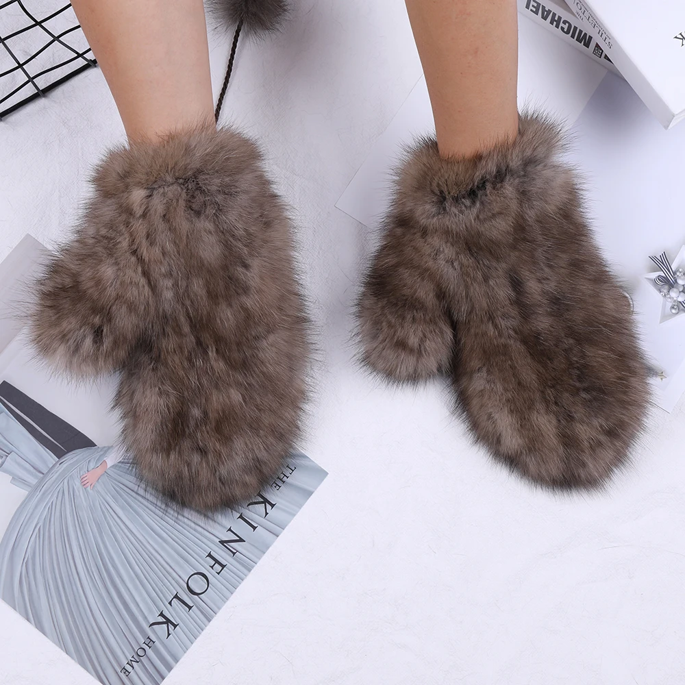 New Women Winter Luxury 100% Sable Fur Gloves Kintting Mittens Girls Ski Gloves Warm Fur Mitts Russian Lady Wrist Glove