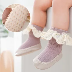 New Baby Ruffle Socks With Rubber Soles Infant Sock Newborn Autumn Children Floor Lace Flowers Shoes Anti Slip Soft Sole Sock