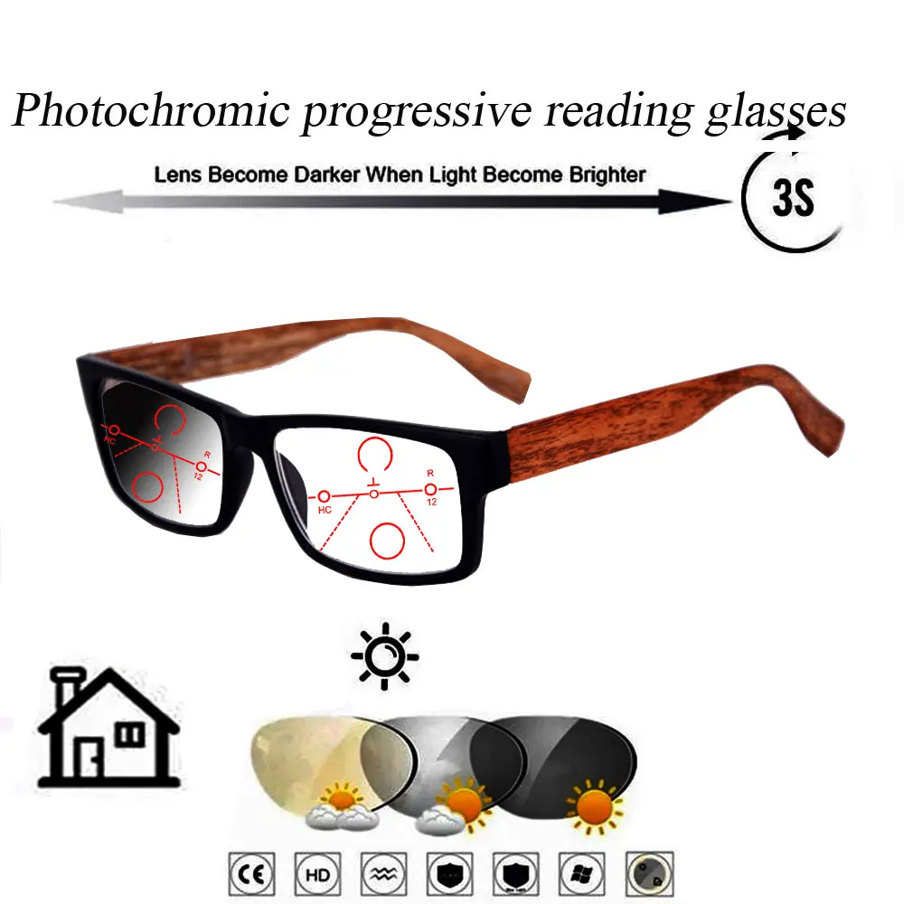 

Photochromic Gray Progressive Multifocal Reading Glasses for Men Women Ultralight Rectangular Wooden Frame +0.75 To+4.0