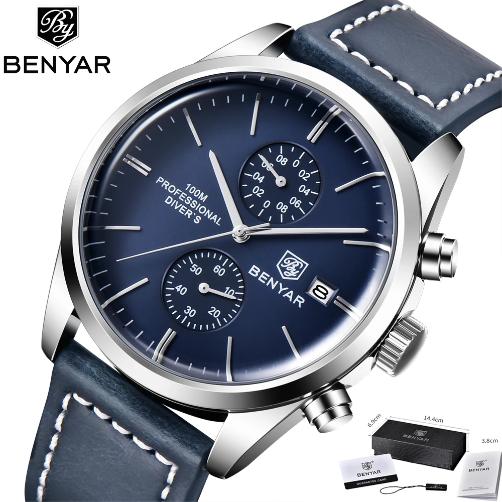 BENYAR Classic Fashion Elegant Chronograph Watch for Men 100m Waterproof Diver Mens Sports Watches Leather Quartz Wristwatch New