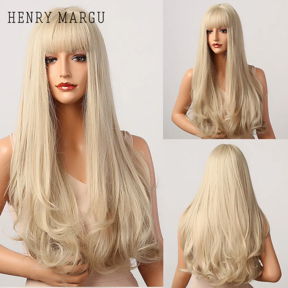 HENRY MARGU-Peluca de cabello sintético ondulado para mujer, cabellera artificial largo con flequillo, color rubio platino, Natural, para fiesta de