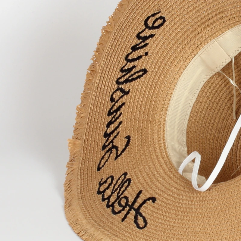 Hot sale alphabet embroidered big brim Women and Lady mmer beach paper floppy Straw hats with bowknot