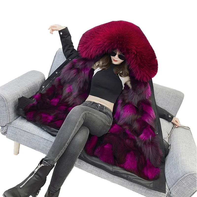 

Luxury Fur Parka Winter Women Coat Warm X-Long Outerwear Real Fox Lining And Hoody LF9039