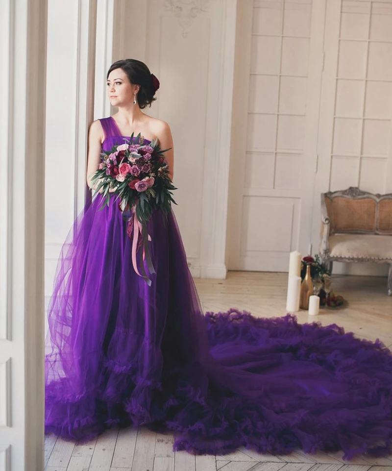 Vestidos De Noiva Glamorous One Shoulder Purple Tulle Wedding Dress 2025 New Fashion Cloud Bride Gown Custom Made