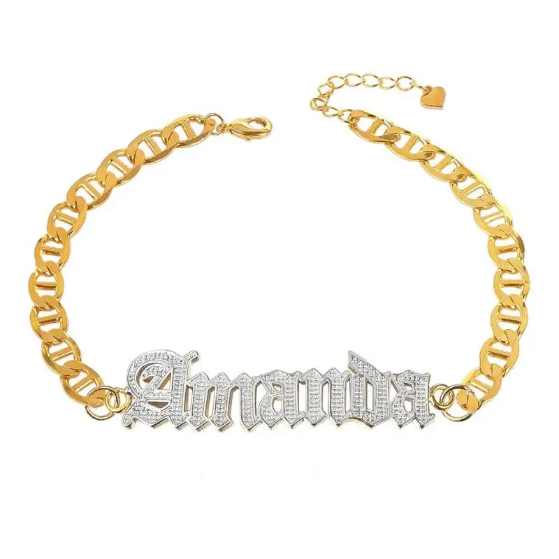 Personalized Old English Font Two Tone Name Bracelet Customized Double Layer Gold Plated Name Bangle For Women Jewelry Gift