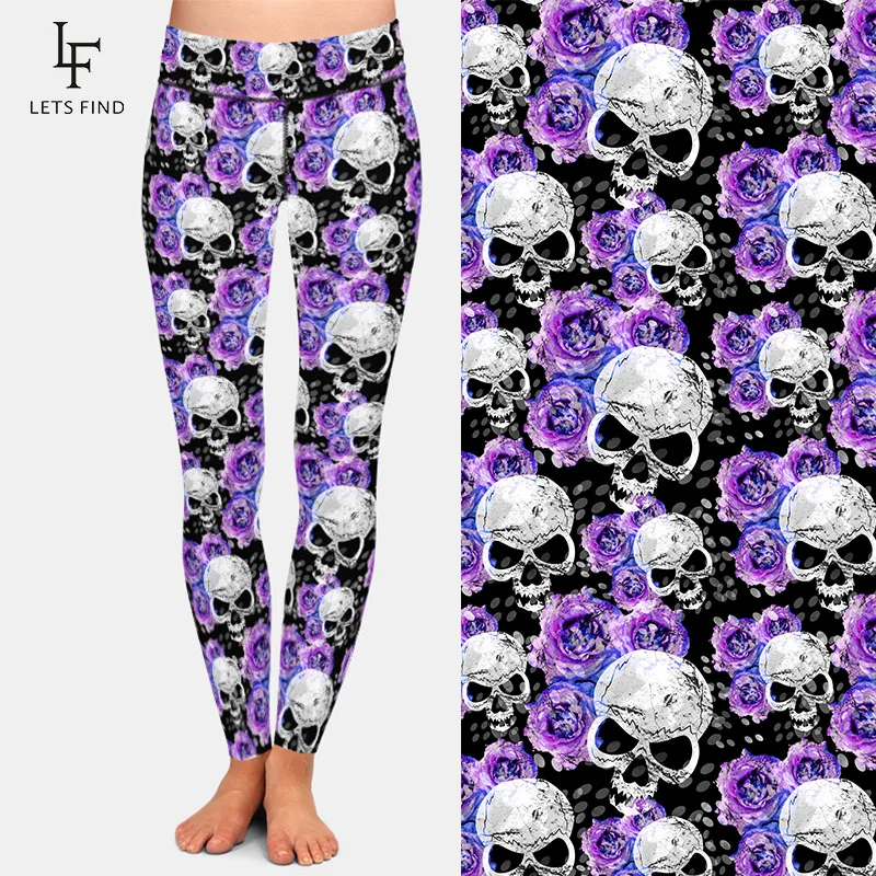 Letsfind nova chegada 3d gótico flores e crânios imprimir leggings de cintura alta feminino fitness magro sexy leggings elásticos