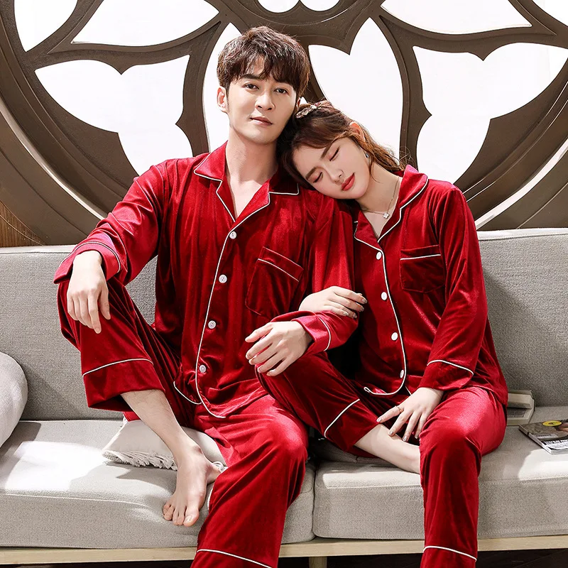 Velour Couple Pajamas Set Long Sleeve Shirt&Pants Autumn New 2PCS Sleepwear Lovers Pijamas Suit Casual Velvet Pyjamas Pour