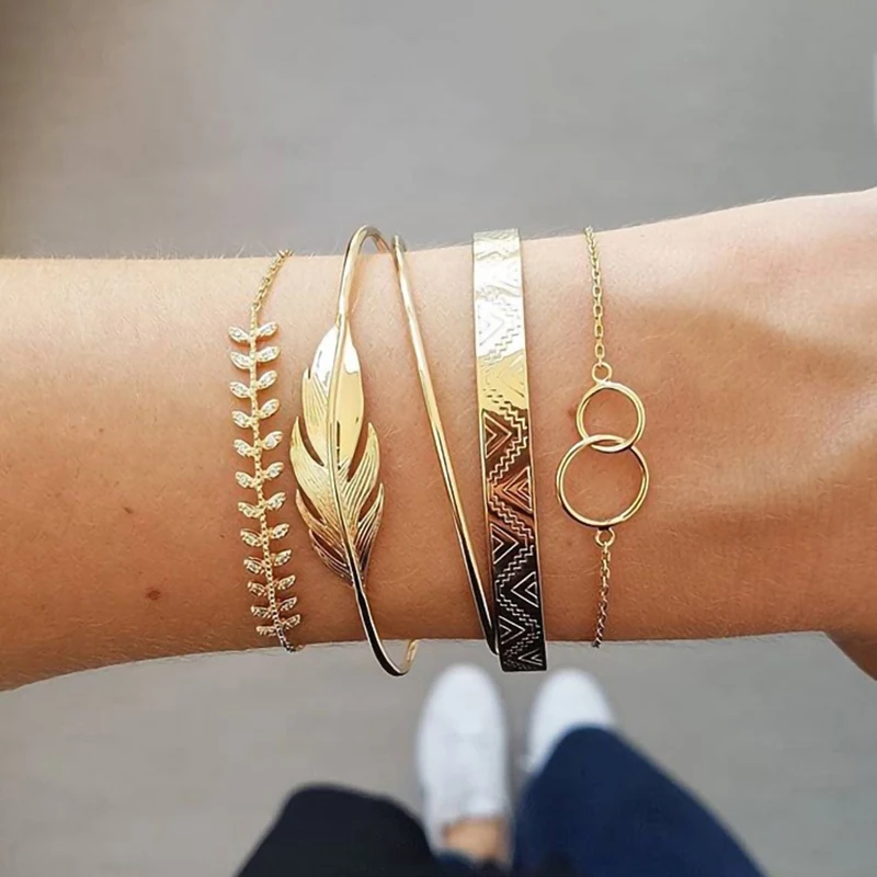 Fashion Geometric Stone Charm Bracelet Set For Women Retro Silver Color Moon Wrist Chain Open Bangle Lady Trendy Boho Jewelry