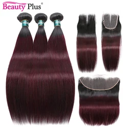 99J-mechones de cabello humano brasileño ombré con malla Frontal, 28 pulgadas, 4x4, Remy