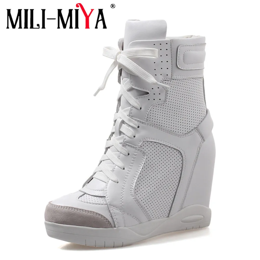 MILI-MIYA New Fashion Women Genuine Leather Autumn Winter Ankle Boots Black White Height Increasing Lace Up Leisure Wedge Shoe