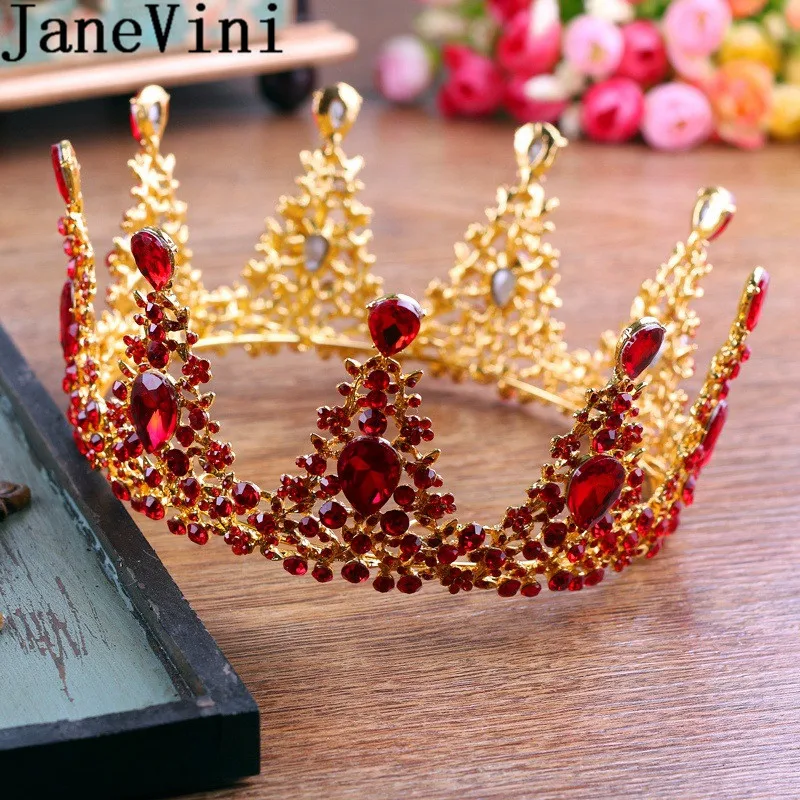 JaneVini Arabic Women Headband 2019 Red Crystal Bride Head Jewelry India Bridal Round Crowns Baroque Gold Metal Headpiece Tiaras