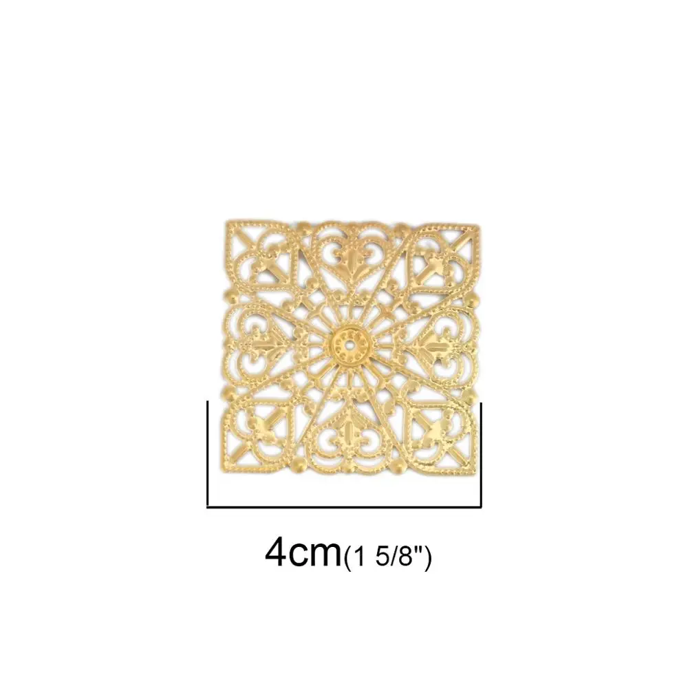 DoreenBeads Fashion Iron Based Alloy Embellishments Square Gold Color Filigree Jewelry DIY Findings Charms 40mm x 40mm, 50 PCs