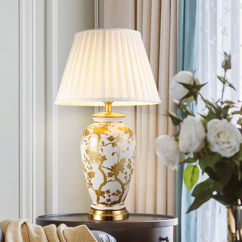 Copper table lamp American style for living room Jingdezhen ceramic lamp luxury Bedroom bedside lamp decorated led lamps