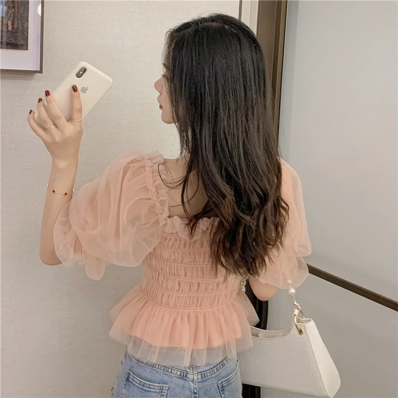 Zomer Mesh Blouses Vrouwen Zoete Bladerdeeg Mouw Gaas Blouses Dames Elegant Shirt Tops Vierkante Hals Ruffle Ruches Chiffon Roze Top