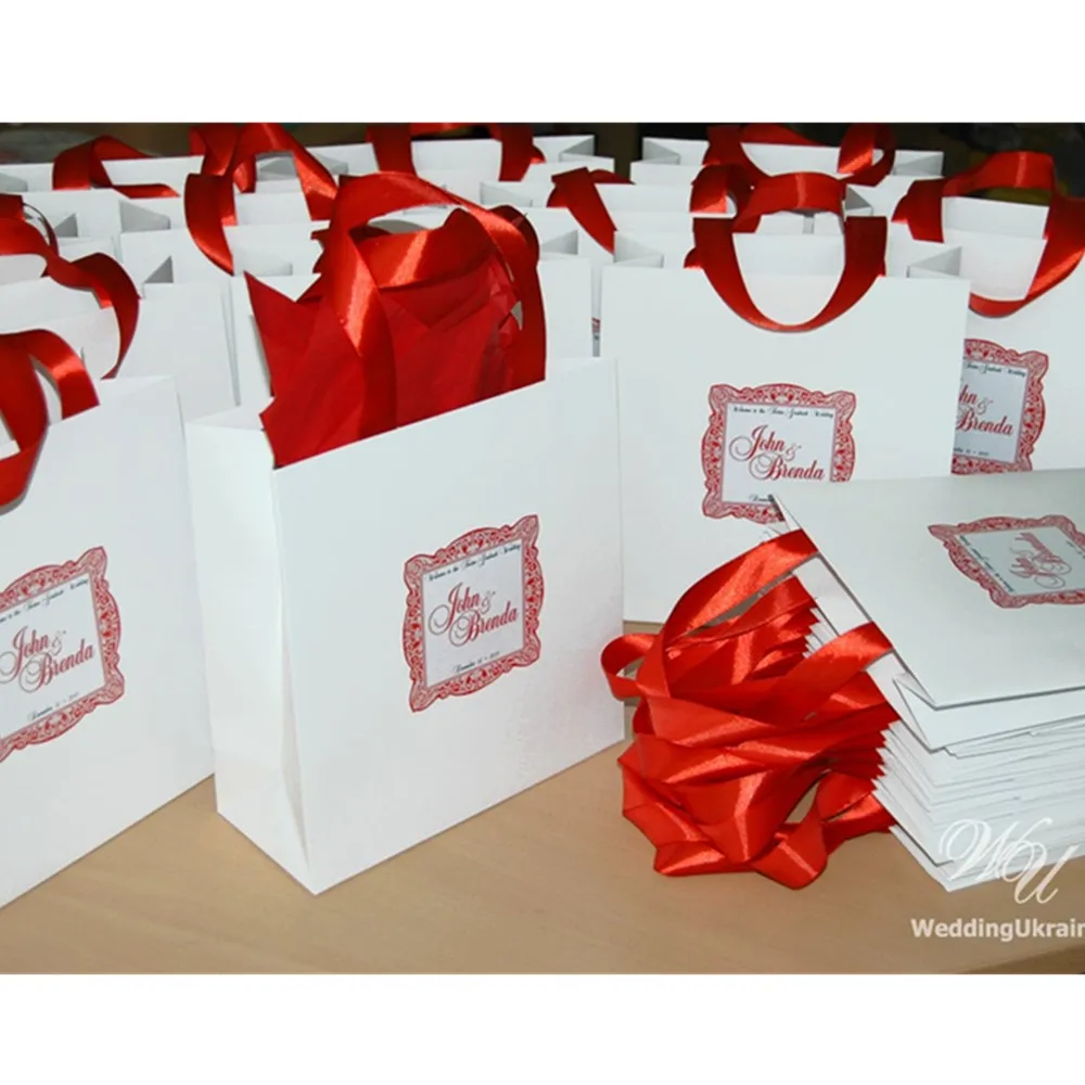 Personalized Wedding Welcome Bags with satin ribbon and tag  cutom White and Red birthday  Paper Bags Weddings Gifts bagf Favors