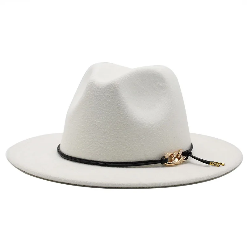 

Men Women White Fedora Hat Wide Brim Wool Felt Panama Hats With Belt Buckle Jazz Trilby Cap Black/white Formal Cap Chapeau Femme