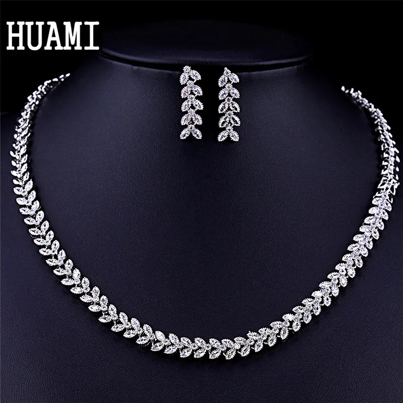 HUAMI Women Jewelry Making Accessories Stud Earrings Necklace Sets Korean Fashion Christmas Bridesmaid Gift Wedding Cubic Zircon