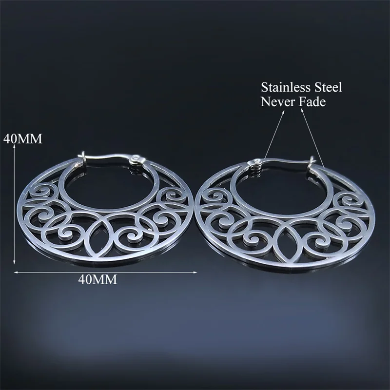 2024 Bohemia Stainless Steel Flower Basket Earring for Women Silver Color Big Hoop Earring Jewelry pendientes de acero 8994