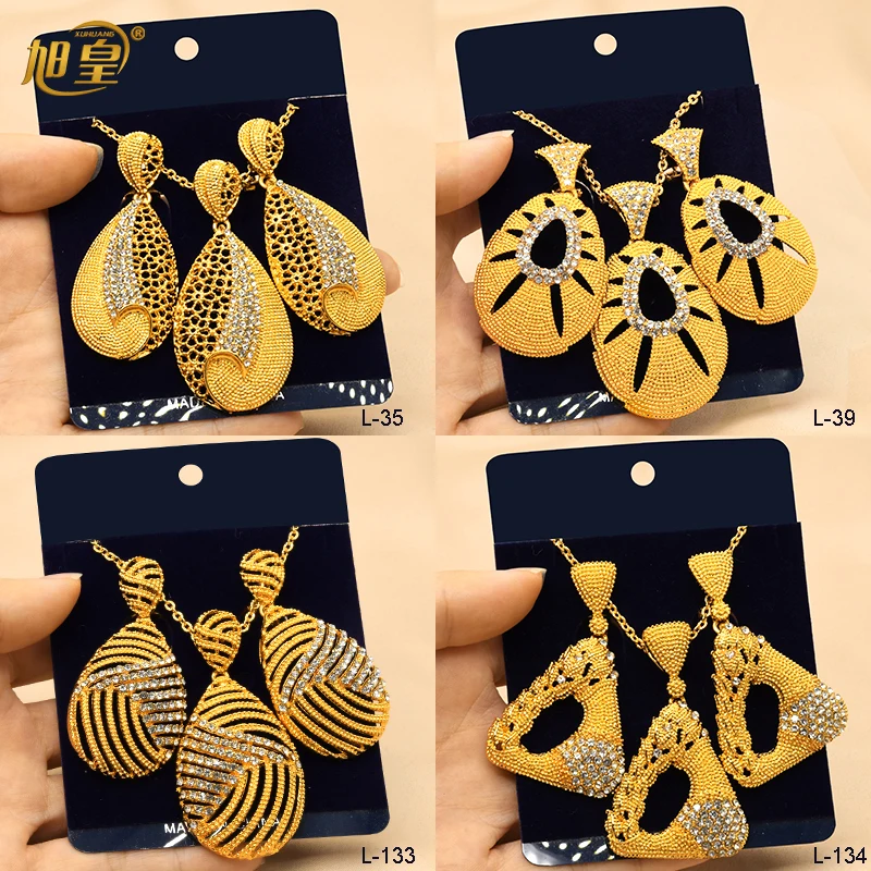 XUHUANG Dubai New Necklace Jewellery Sets Hollow Hanging Earrings Gold Color Big Dangle Earrings For Women Nigerian Jewelry Gift